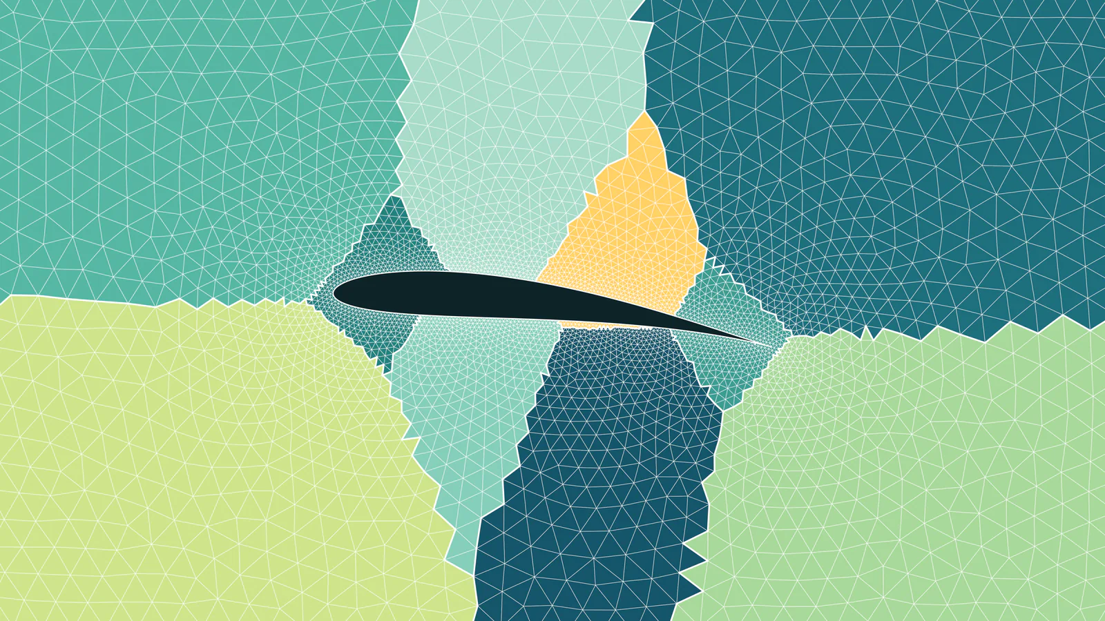 A mesh around an aerofoil divided into coloured regions, one per processor