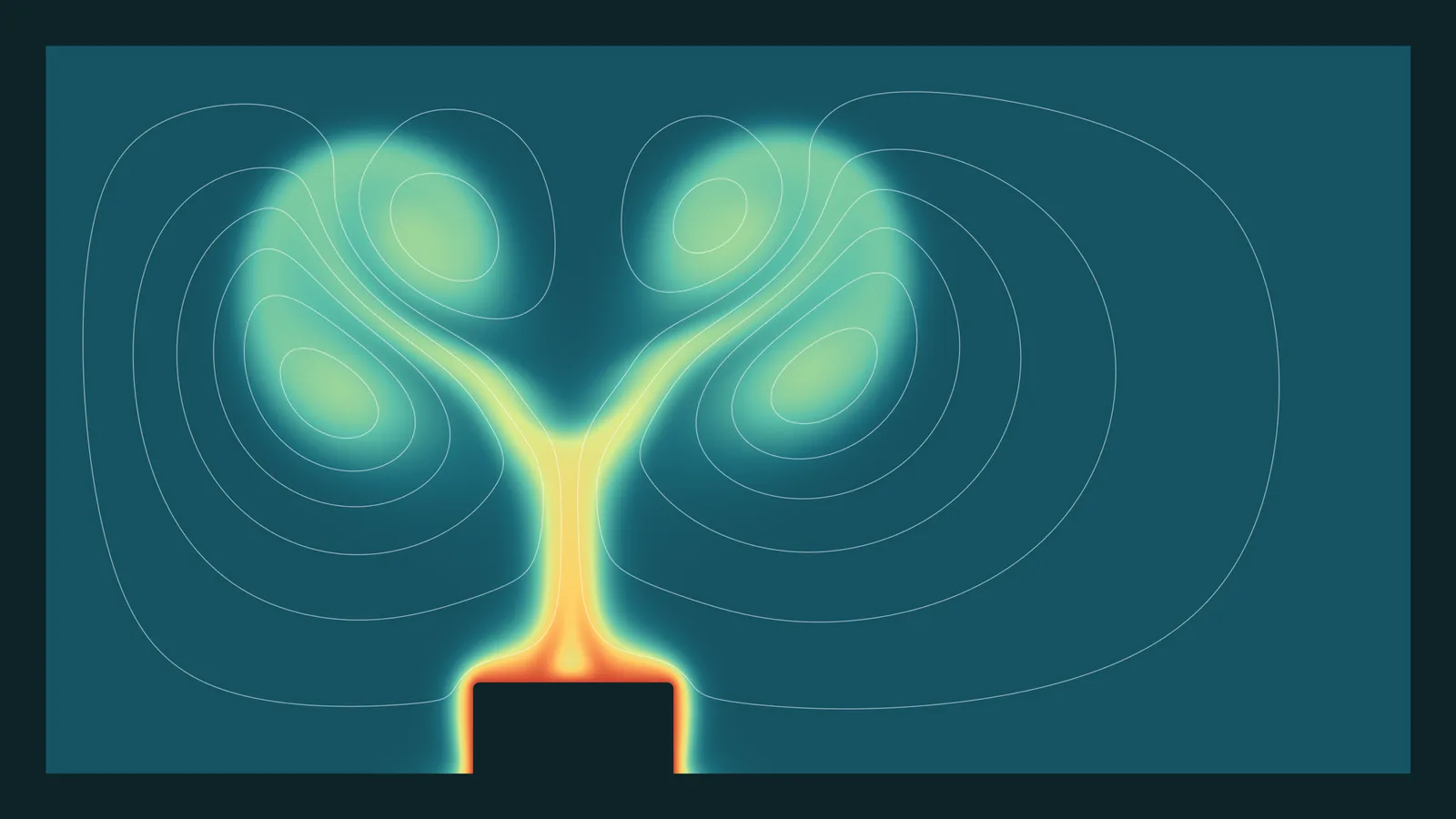 Temperature field and streamlines of a buoyant plume rising from a heated block in an enclosure and rolling up into a pair of vortices